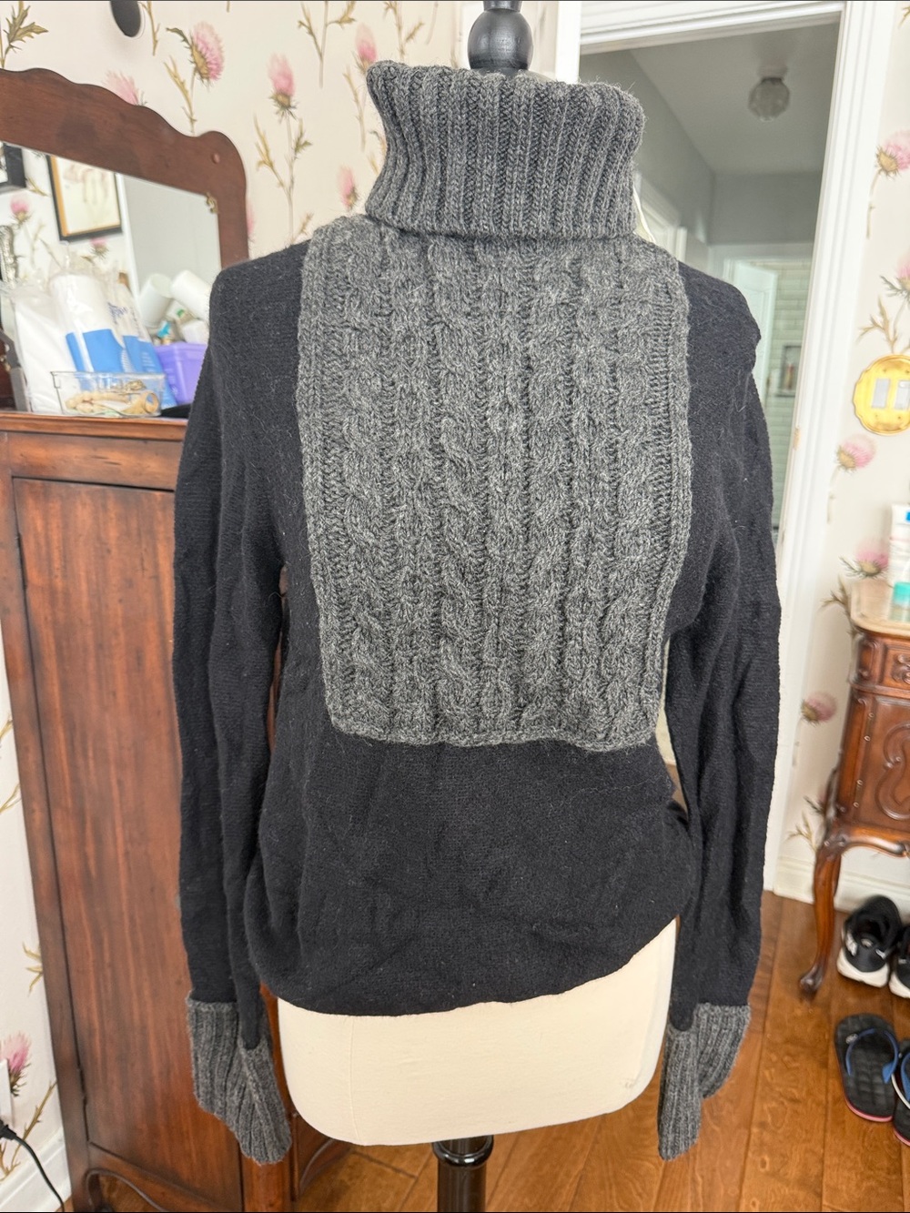Tory Burch Bib Cable-Knit Panel Turtleneck Sweater - Black & Charcoal